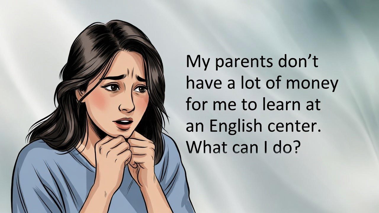 A student learning English at home without an English center using a simple daily study plan.