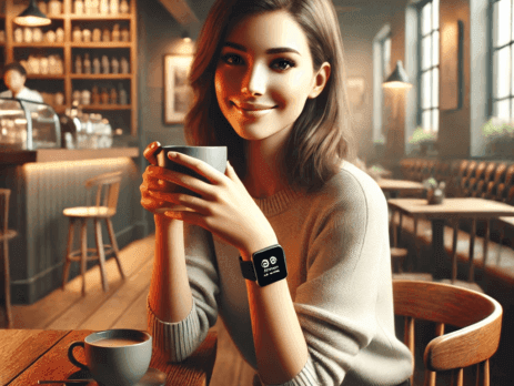 A realistic, warm, and cozy coffee shop scene featuring a young woman sitting at a wooden table with a teacup in her hands. She is wearing a sleek smartwatch on her wrist, which is visible as she holds the teacup. The woman has a relaxed and cheerful expression, dressed casually in a comfortable sweater and jeans. The coffee shop has a modern yet rustic interior with wooden furniture, soft lighting, and a background of shelves filled with coffee and tea supplies. A window nearby lets in natural light, enhancing the inviting atmosphere. The scene exudes comfort, warmth, and serenity.